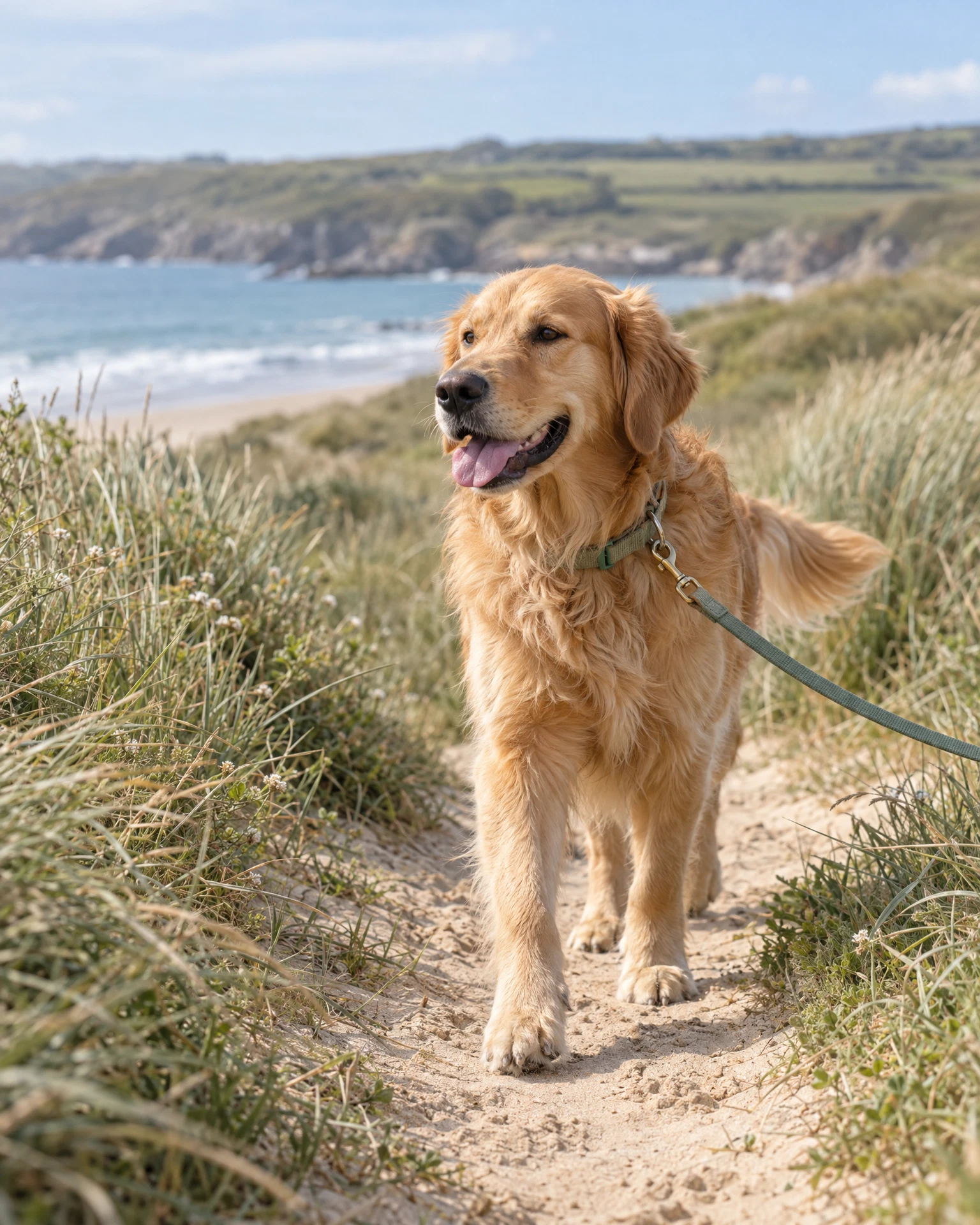 A happy golden retriever enjoying a walk along a grassy coastal path